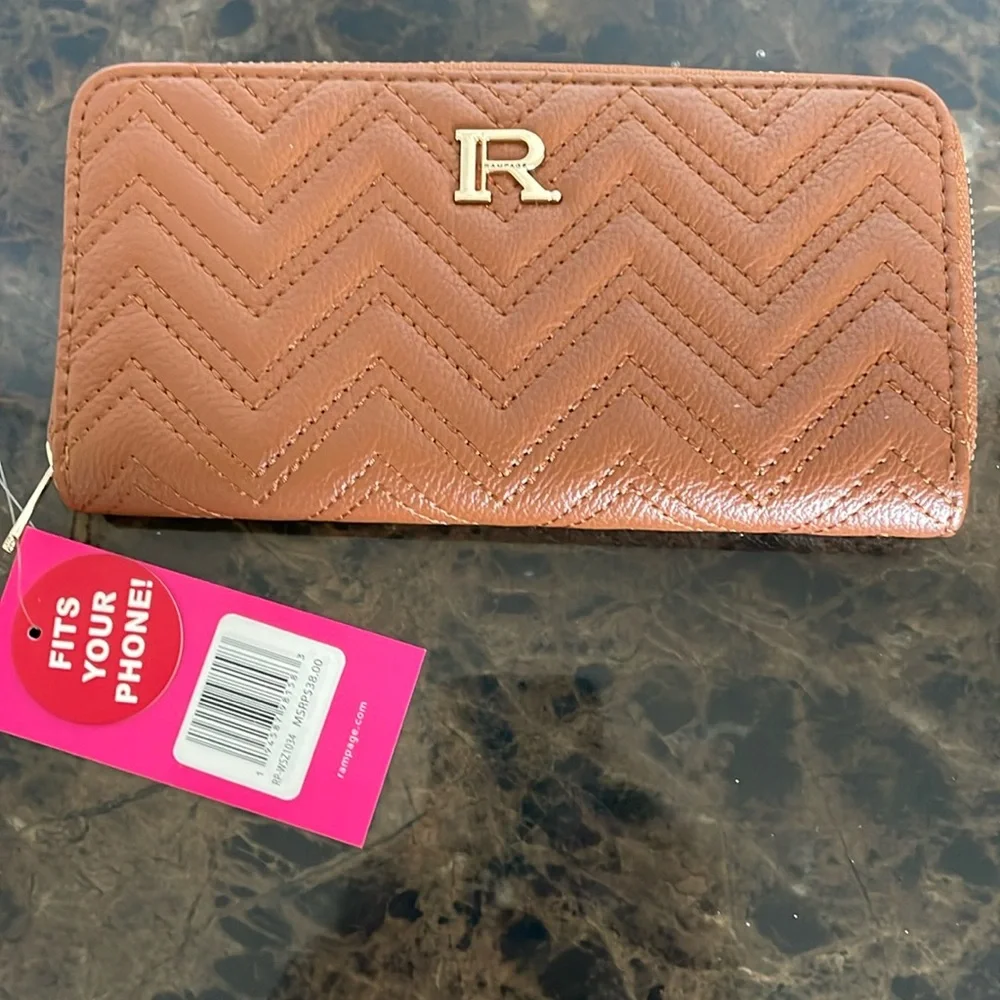 New! Rampage Brown amd Gold Zippered Cell Phone Wallet